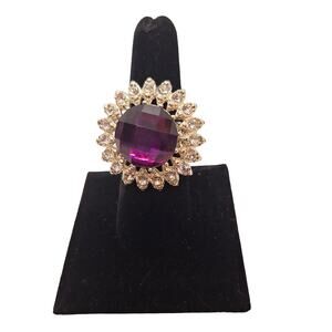 Statement Stretch Ring Purple and Clear Rhinestones Silver Tone